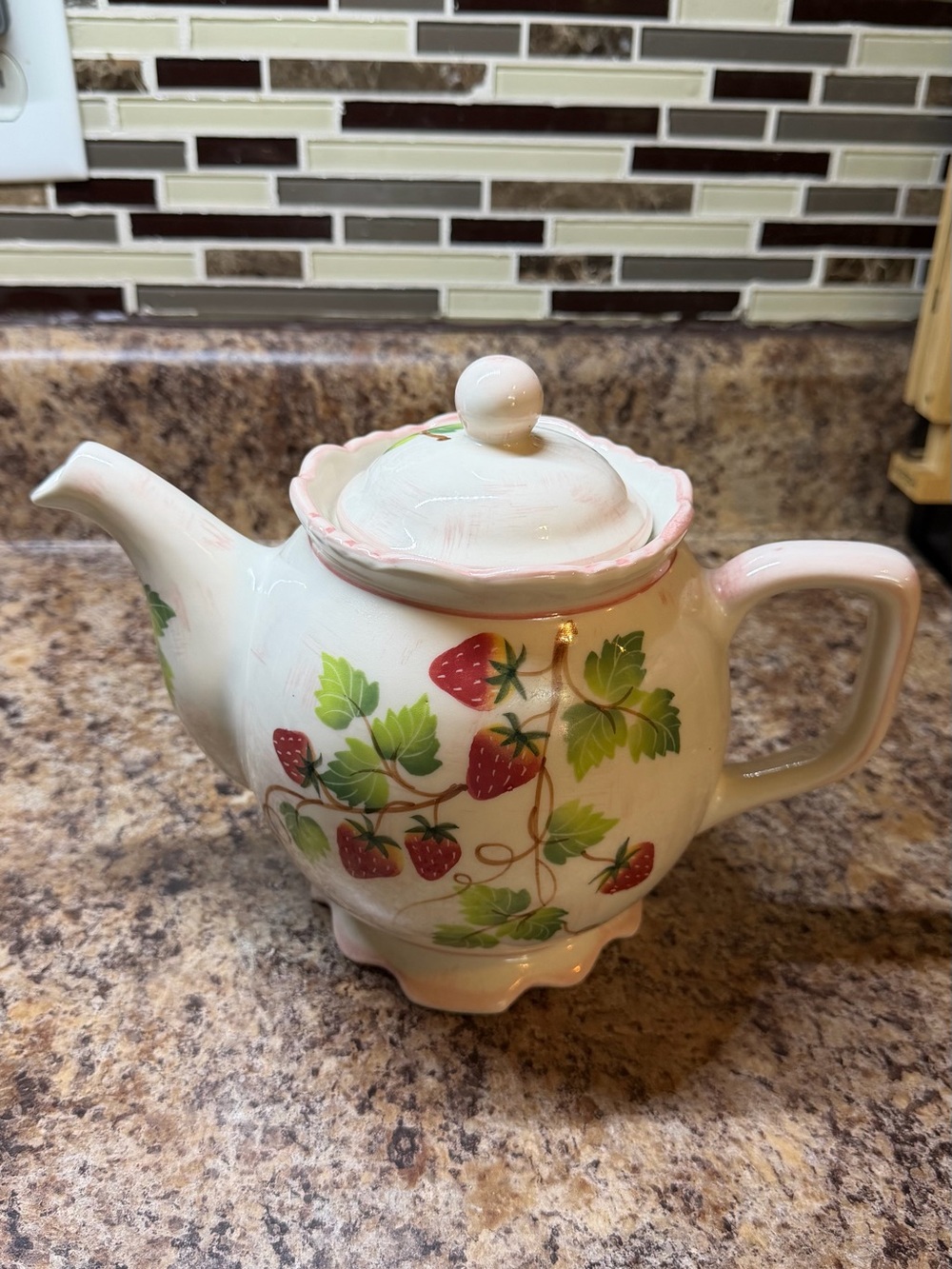 Strawberry Print Ceramic Teapot with Pink Trim